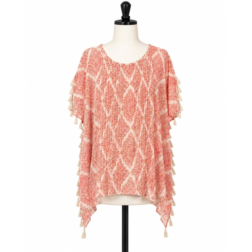Chicos Poncho Blouse Womens S M Orange Tassel Trim Pleated Beach Resort Boho